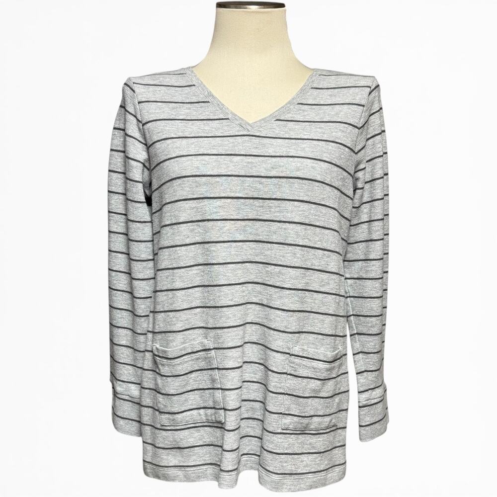 J.Jill Cotton Thermal‎ V-Neck Long Sleeve Gray Stripe Top Pockets Medium